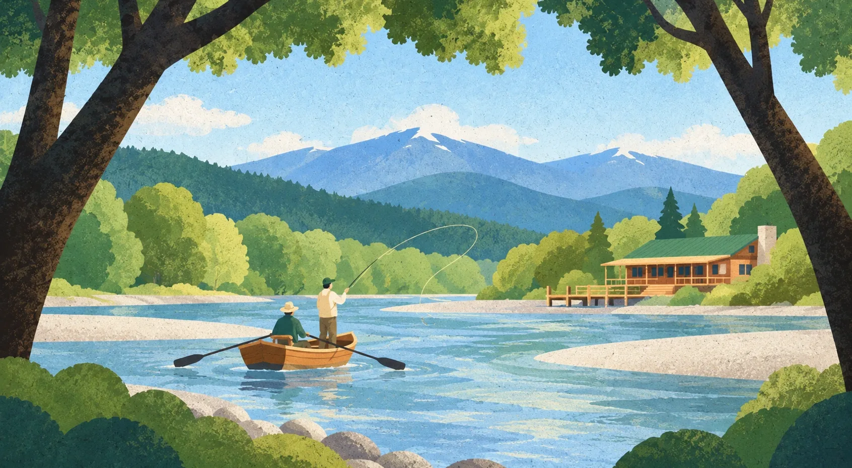 Illustration of a timber lodge across a braided river, an angler casting from a drift boat rowed by a guide