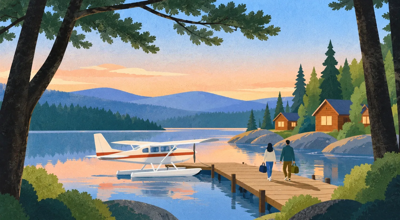 Illustration of a floatplane at a lake dock at sunset, two guests carrying bags toward the log cabins
